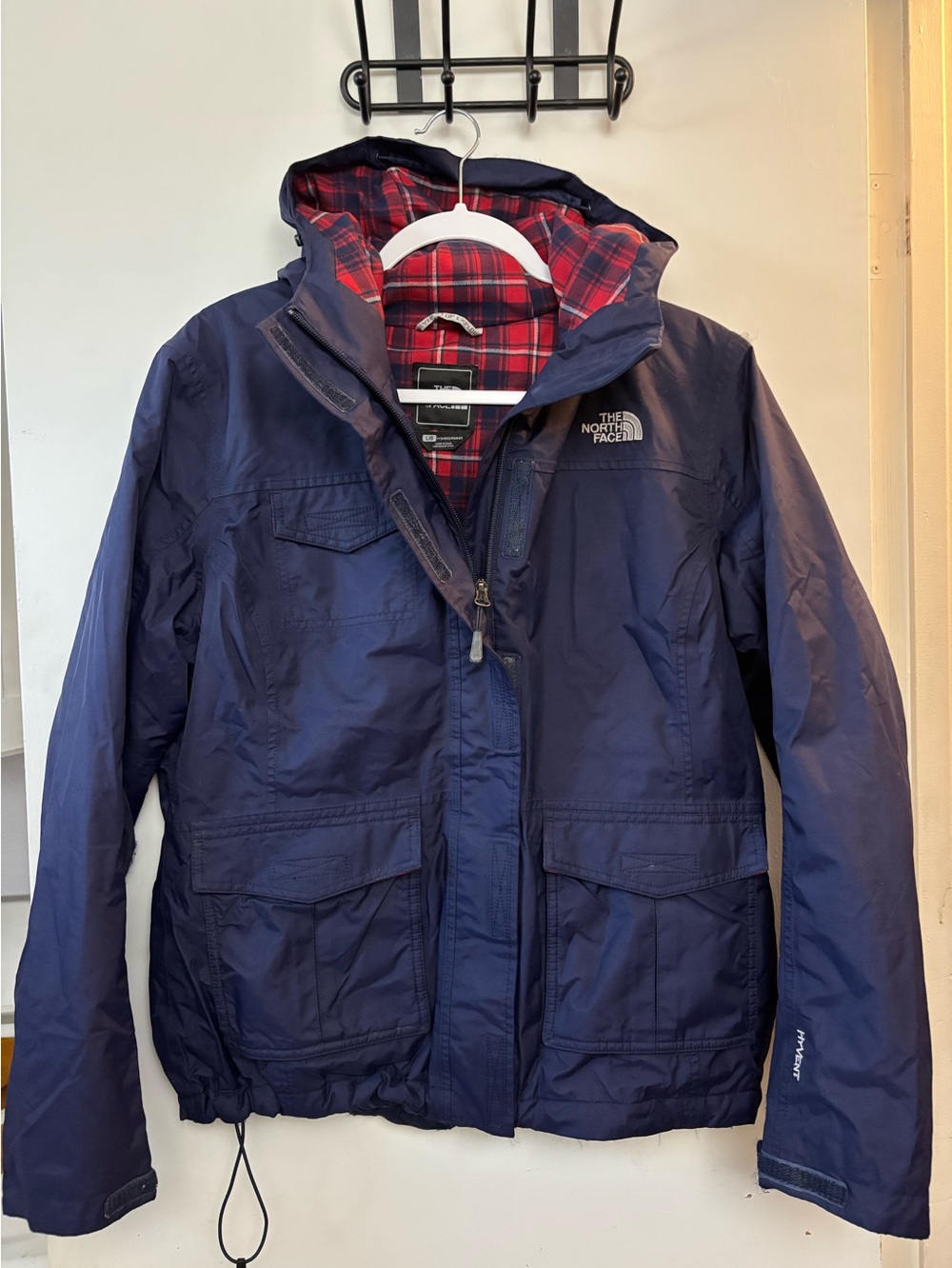 The North Face Hyvent Navy Blue Hooded Flannel Lined Full Zip Jacket Coat Size L